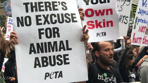 there's no excuse for animal abuse and wear your own skin anti-fur sign at vegan protest in New York City