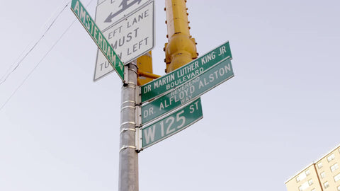 125th street sign with housing projects in background in Harlem on summer day in NYC