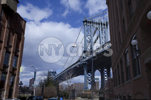 Manhattan Bridge view from Brooklyn street in New York City NYC