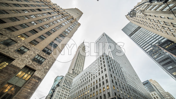 upward angle of Midtown Manhattan skyscrapers including famous Chrysler Building