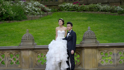beautiful couple married in Central Park - posing for picture in summer wedding
