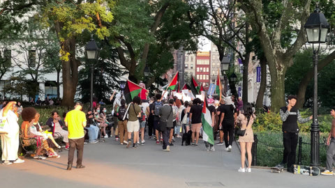 Palestinians flags waving in protest march in Washington Square Park New York City NYC