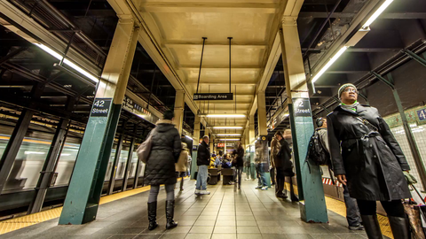 42nd Street platform people rushing to catch subway train - HDR timelapse in 4K and 1080 HD NYC