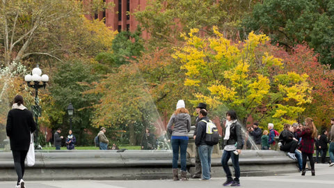 Washington Square Park in fall with beautiful colored leaves on trees - colorful shot of people and fountain spraying water