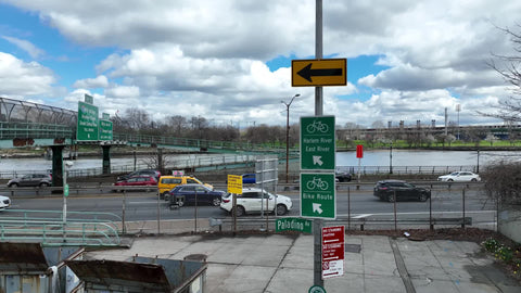 Harlem River and East River sign for bike route off FDR Drive in NYC