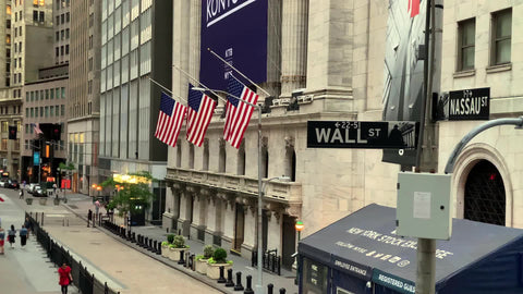 3 American flags NYSE building on Wall Street corner Nassau St Financial District Manhattan New York City Stock Exchange NYC
