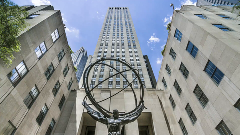 slow tilt to Atlas statue from Rockefeller Center building in Midtown Manhattan - time-lapse in 1080 HD in NYC