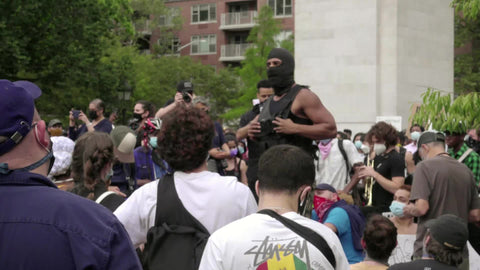 man in mask giving powerful militant speech at Black Lives Matter rally in Washington Square Park New York City with audio