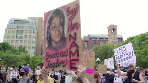 Breonna Taylor say her name sign at BLM rally Black Lives Matter protest in Washington Square Park New York City
