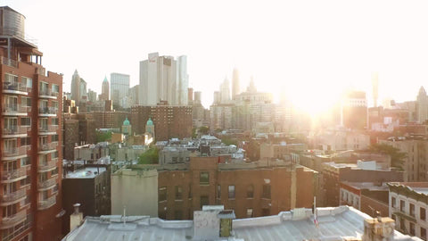 aerial of downtown with Manhattan skyscrapers at sunset - Chinatown buildings