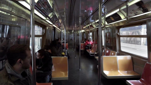 interior subway car - elevated B train riding outside across Manhattan Bridge in 1080 HD in NYC