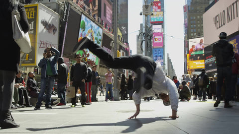breakdancer doing windmills in Times Square - slow motion hip hop breakdancing in 1080 HD and 4K NYC
