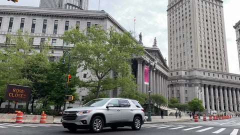 Road Closed construction sign outside courthouse Downtown Manhattan New York City NYC