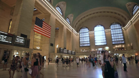 Grand Central Station Terminal interior with audio - big room with American flag