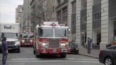 FDNY firetruck with siren rushing to emergency in slow motion 1080 HD in NYC