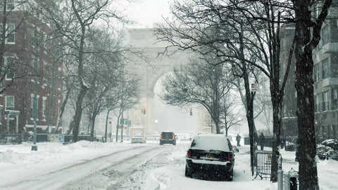 snowing blizzard on Washington Square Park arch - snow in cold winter with bare trees New York City NYC