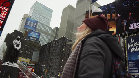 pretty blond twins looking up at ads and billboards - snowing in Times Square NYC