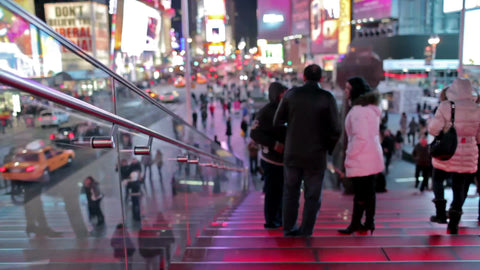 Times Square red stairs at night in winter