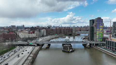 aerial moving over Harlem River bridges in NYC