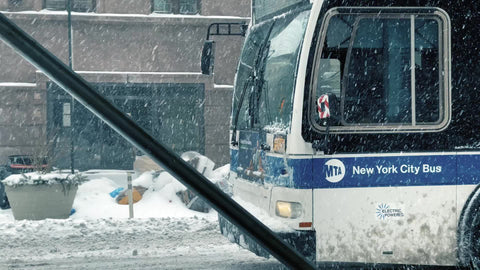 MTA New York City Bus driving in winter blizzard snowstorm - snowing in NYC