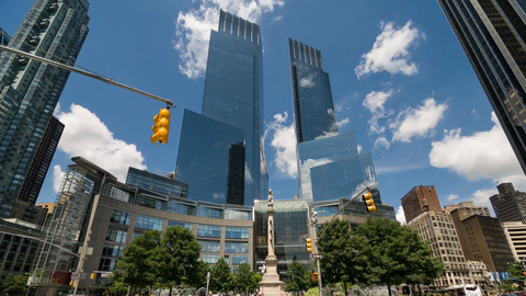 Columbus Circle traffic and Time Warner Towers - timelapse tilting down in Manhattan 4K and 1080 HD in NYC