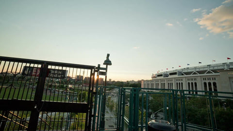 panning across Yankee Stadium from 161st st subway platform in the Bronx at sunset in NYC