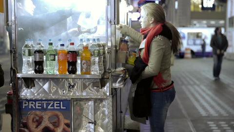 woman buying pretzel at food truck street vendor at night in NYC
