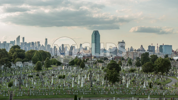 Calvary Cemetery with view of Manhattan skyline from Queens NY