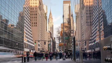 Chrysler Building view from busy 42nd street in Midtown Manhattan - zooming out day to night timelapse in 1080 HD and 4K NYC