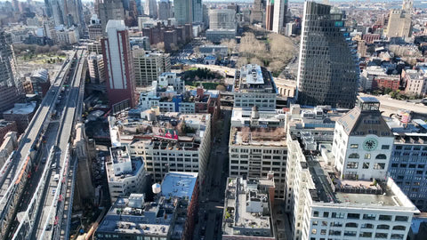 aerial overhead Dumbo Brooklyn in New York City