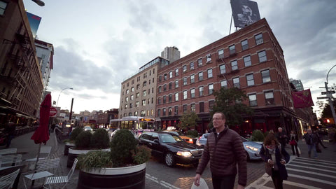 360 degree panning view of Meatpacking District in winter - kid skateboarding on street