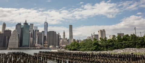 Manhattan skyline with Freedom Tower and buildings and dowels in water