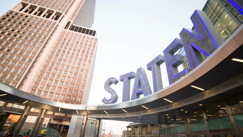panning across huge Staten Island Ferry sign in Downtown Manhattan in 1080 HD NYC