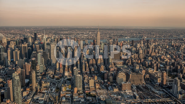 aerial view of Manhattan buildings from helicopter - Empire State Building and skyscrapers in NYC