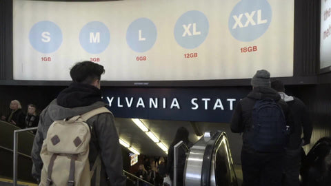 tourists traveling entering Penn Station on 34th street and 8th ave escalator, stairs going down, slow motion, winter day in NYC