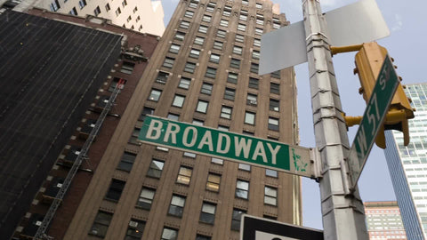 Broadway sign at 57th street panning down to cars in traffic at busy intersection on summer day in Manhattan NYC