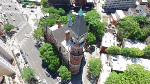 aerial lowering down to clock tower - Jefferson Market Library in Greenwich Village
