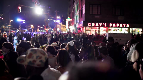 famous Gray's Papaya on 6th Ave and 8th Street at Halloween parade in Greenwich Village