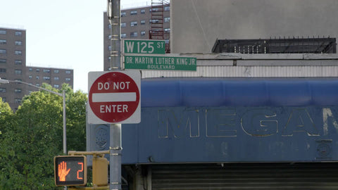 125th Street and Martin Luther King Jr. Boulevard signs in Harlem on sunny day in NYC