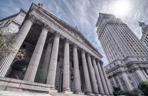 pillars of Manhattan Appellate Court - courthouse columns in downtown on sunny day in HDR
