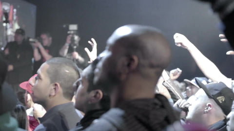 music fans in crowd with hands up in the air cheering at rap show