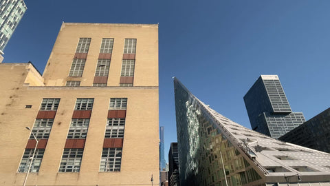 VIA 57 West Pyramid Building skyscraper in Midtown Manhattan West Side Highway cars driving view New York City NYC